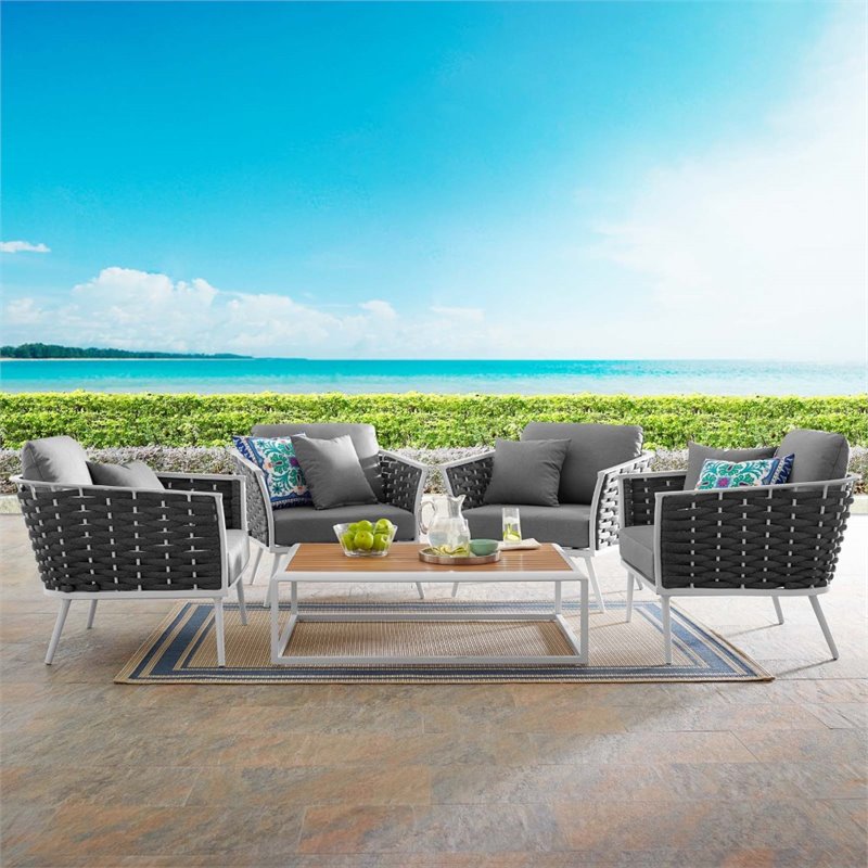 Modway Stance 5-Piece Aluminum & Fabric Patio Set in White and Gray