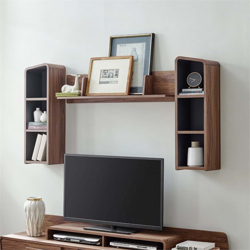 Modway Omnistand Modern Laminate Wall Mounted Shelves in Walnut/Gray