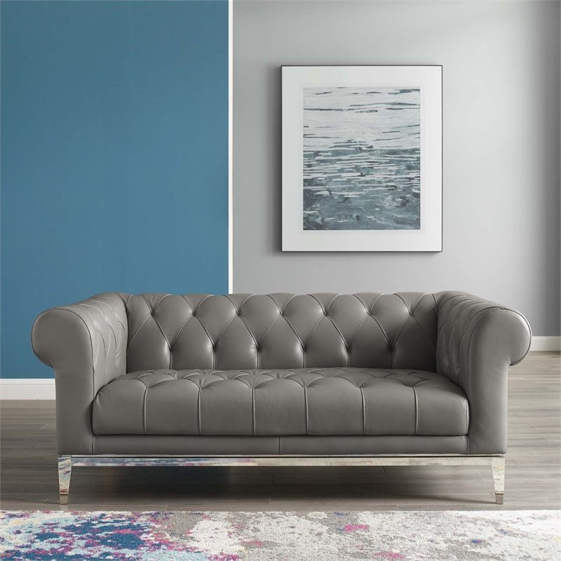 Modway Idyll Tufted Button Upholstered Leather Chesterfield Loveseat in Gray