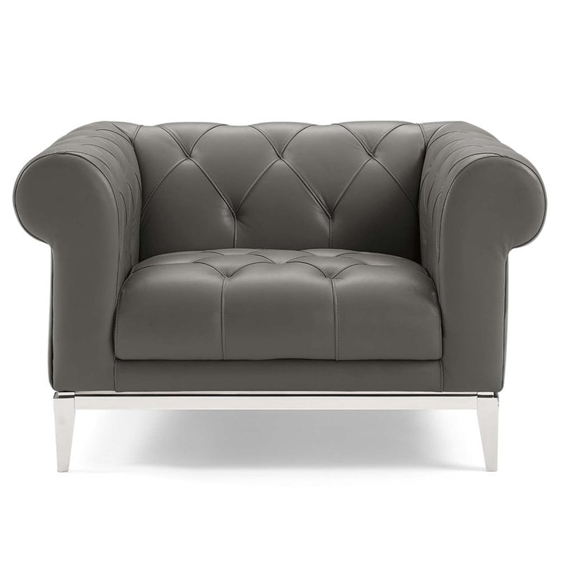 Modway Idyll Tufted Button Upholstered Leather Chesterfield Armchair in Gray