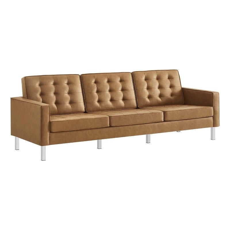 Modway Loft Tufted Vegan Leather Stainless Steel Sofa in Silver/Tan