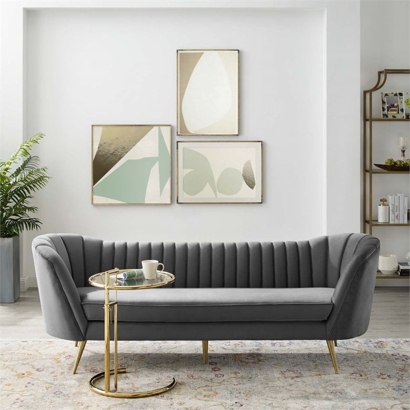Modway Opportunity Vertical Channel Tufted Curved Velvet Sofa in Gray