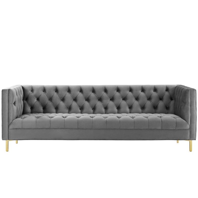 Modway Delight Tufted Button Performance Velvet Stainless Steel Sofa in Gray
