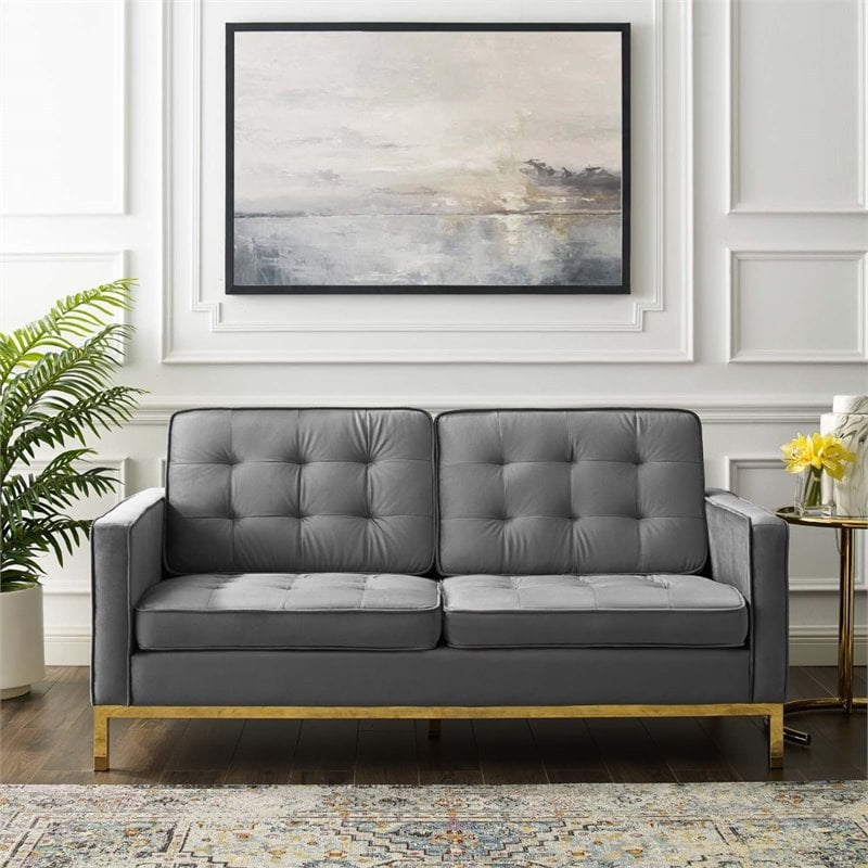 Modway Loft Stainless Steel Leg Performance Velvet Loveseat in Gold/Gray