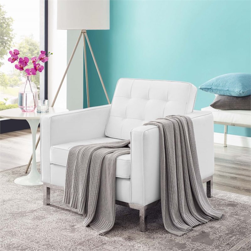 Modway Loft Tufted Vegan Leather Stainless Steel Armchair in Silver/White