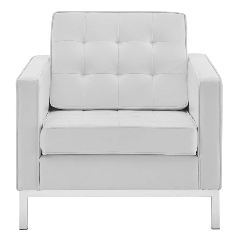 Modway Loft Tufted Vegan Leather Stainless Steel Armchair in Silver/White