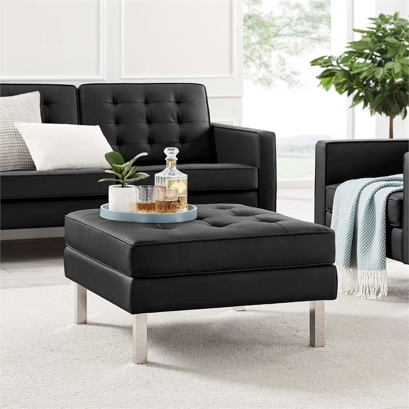 Modway Loft Tufted Upholstered Faux Leather Ottoman in Silver and Black