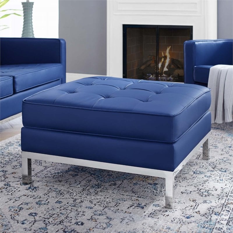Modway Loft Tufted Upholstered Faux Leather Ottoman in Silver and Navy