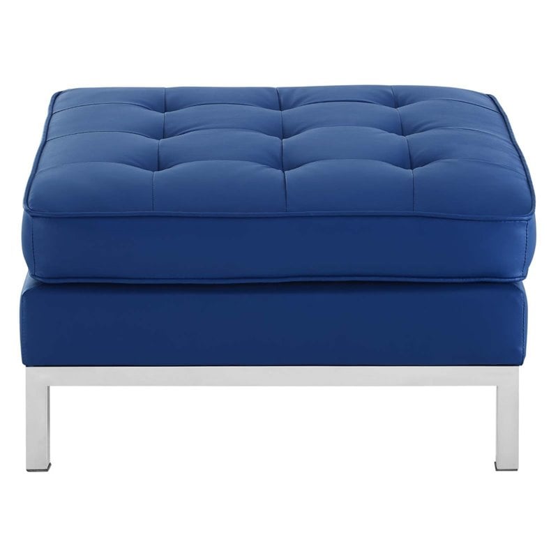 Modway Loft Tufted Upholstered Faux Leather Ottoman in Silver and Navy