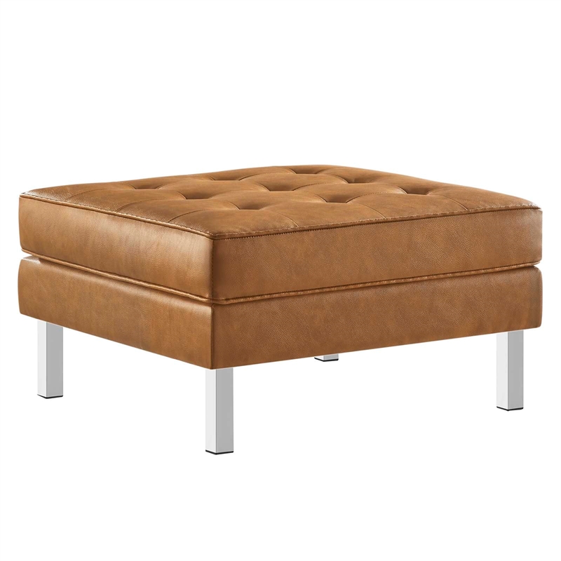 Modway Loft Tufted Upholstered Faux Leather Ottoman in Silver and Tan