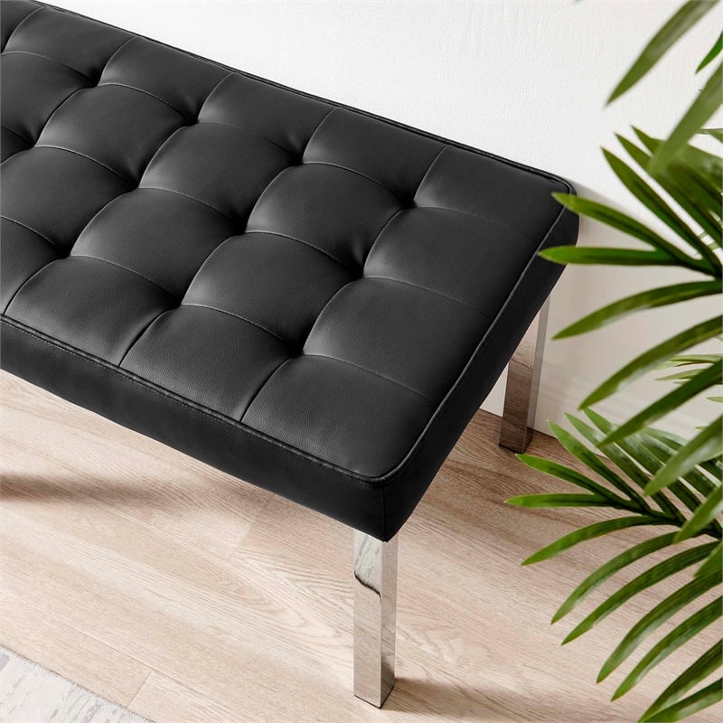 Modway Loft Tufted Vegan Leather Stainless Steel Bench in Silver/Black