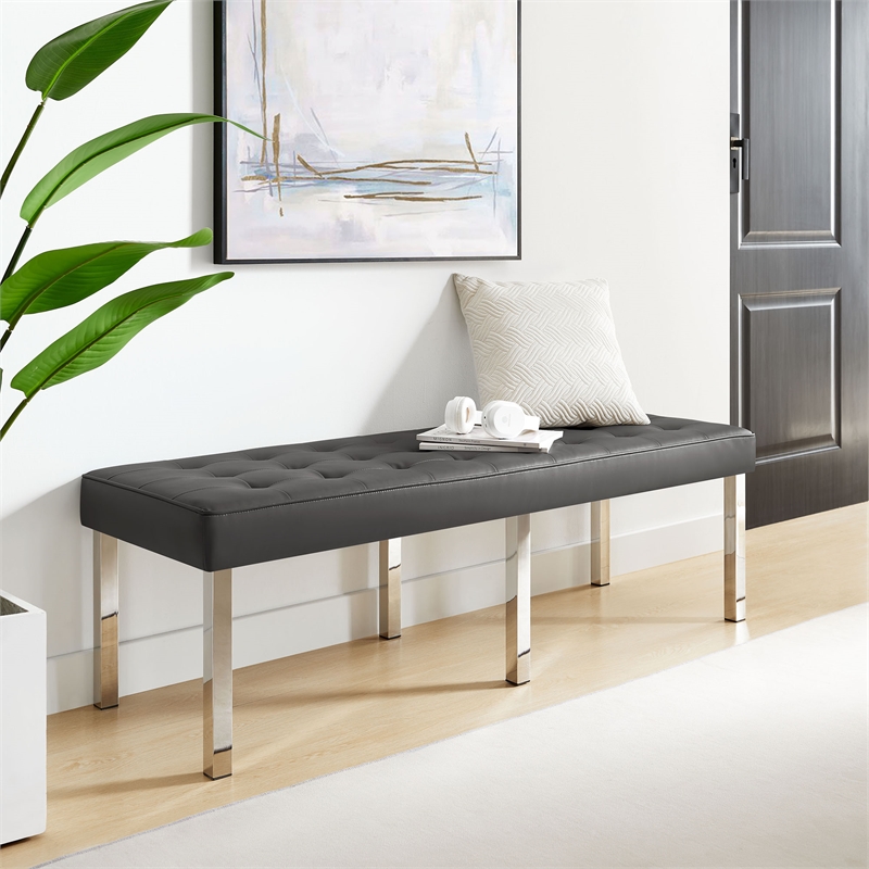 Modway Loft Tufted Large Upholstered Faux Leather Bench in Silver and Gray