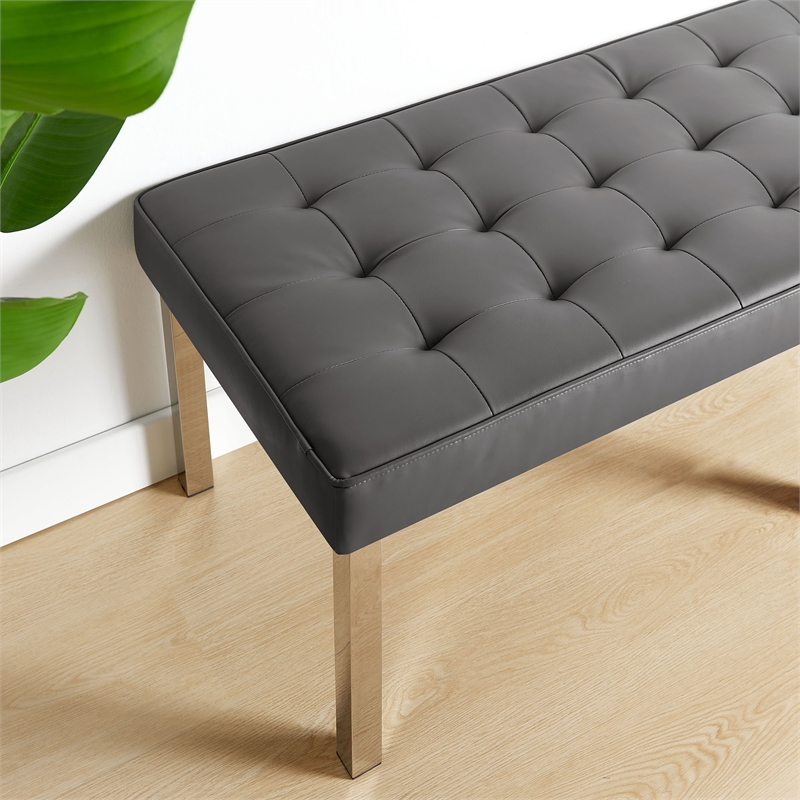 Modway Loft Tufted Large Upholstered Faux Leather Bench in Silver and Gray