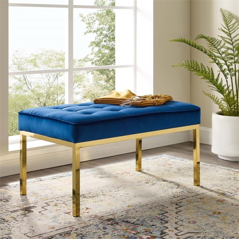 Modway Loft Stainless Steel Leg Medium Performance Velvet Bench in Gold/Navy