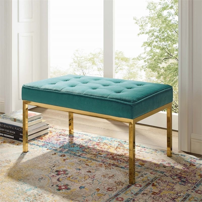 Modway Loft Stainless Steel Leg Medium Performance Velvet Bench in Gold/Teal
