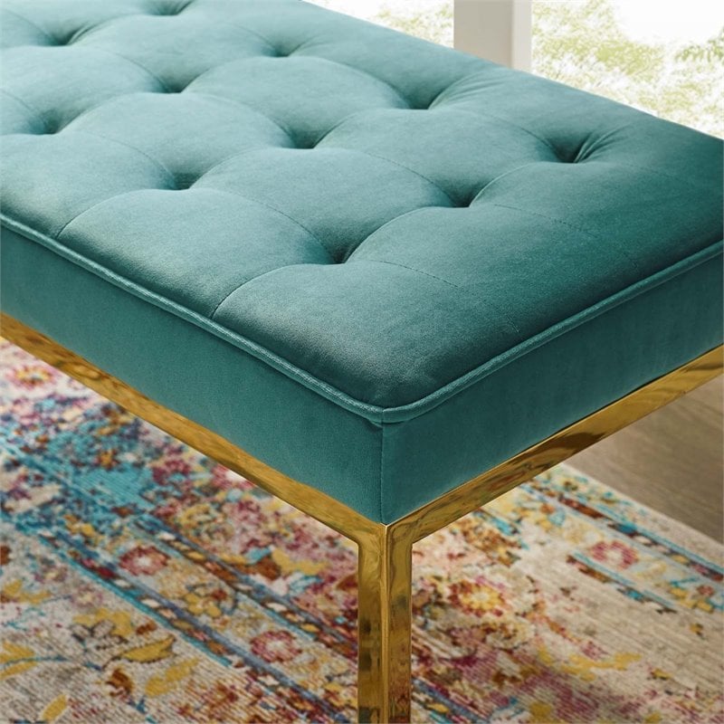Modway Loft Stainless Steel Leg Medium Performance Velvet Bench in Gold/Teal