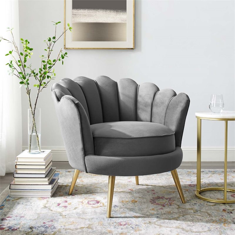 Modway Admire Scalloped Edge Performance Velvet Accent Lounge Arm Chair in Gray