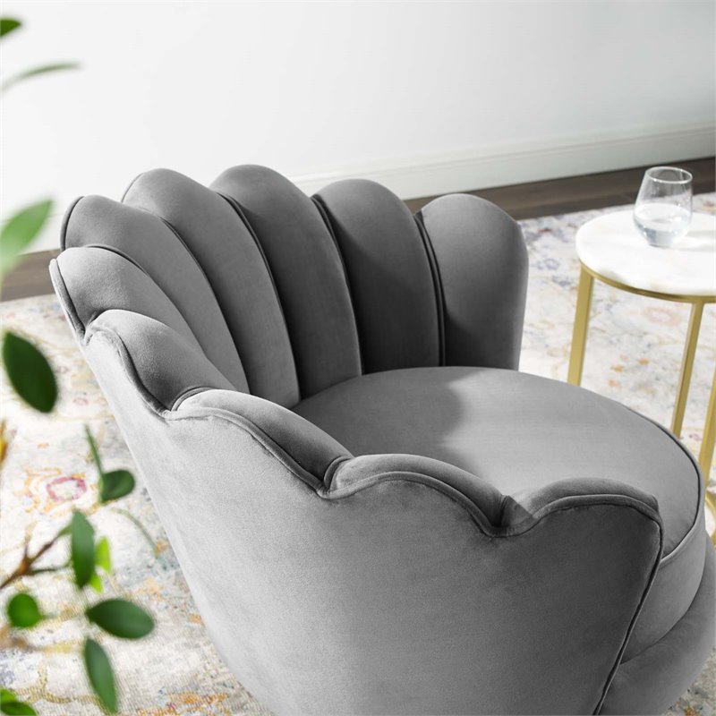 Modway Admire Scalloped Edge Performance Velvet Accent Lounge Arm Chair in Gray