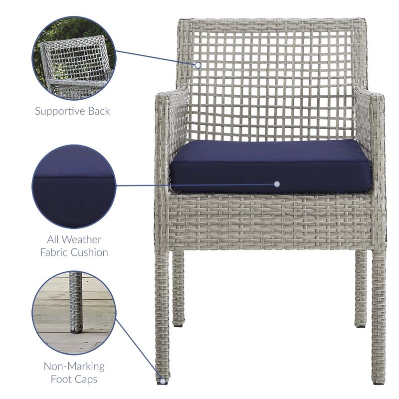 Modway Aura Outdoor Patio Wicker Rattan Dining Armchair in Gray/Navy (Set of 4)