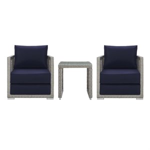 Modway Aura 3-Piece Outdoor Patio Wicker Rattan Set in Gray and Navy