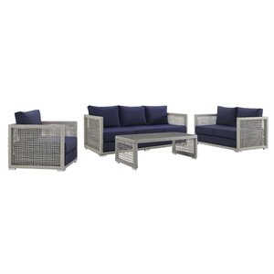 Modway Aura 4-Piece Outdoor Patio Wicker Rattan Set in Gray/Navy