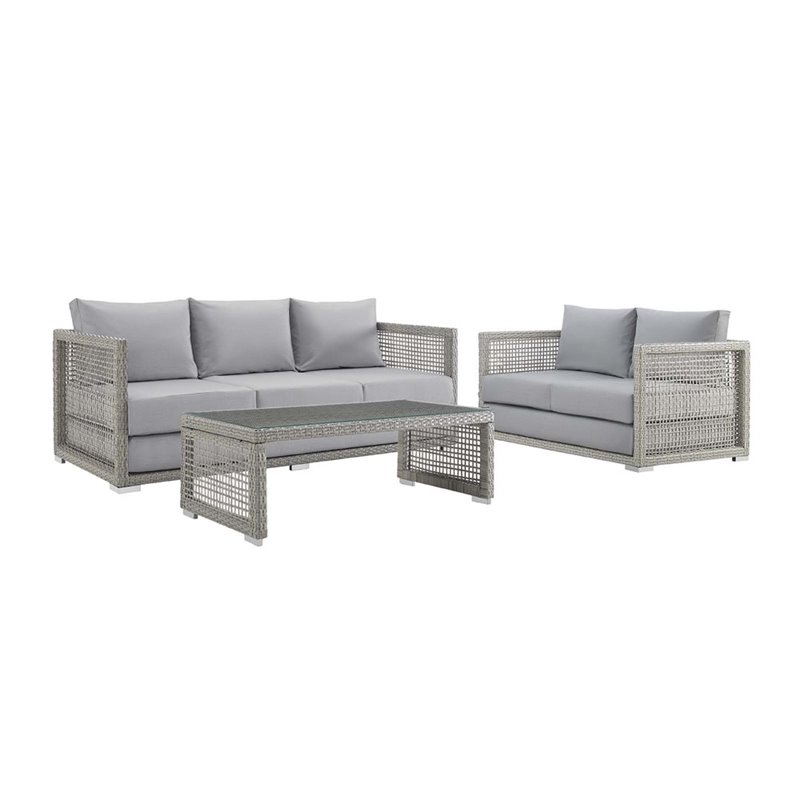 Modway Aura 3-Piece Modern Outdoor Patio Wicker Rattan Set in Gray Finish