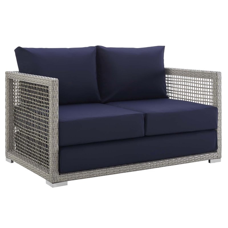 Modway Aura 3-Piece Modern Outdoor Patio Wicker Rattan Set in Gray/Navy