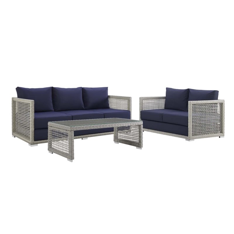 Modway Aura 3-Piece Modern Outdoor Patio Wicker Rattan Set in Gray/Navy