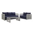 Modway Aura 3-Piece Modern Outdoor Patio Wicker Rattan Set in Gray/Navy