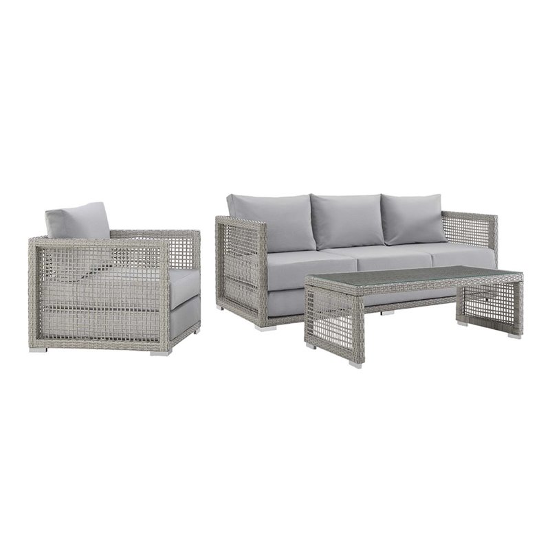 Modway Aura 3-Piece Outdoor Patio Wicker Rattan Set in Gray Finish