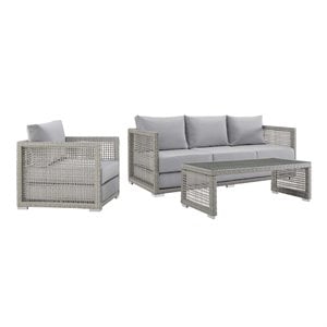 Modway Aura 3-Piece Outdoor Patio Wicker Rattan Set in Gray Finish