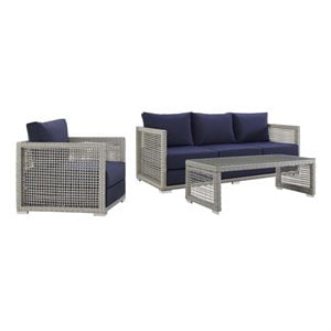 Modway Aura 3-Piece Outdoor Patio Wicker Rattan Set in Gray/Navy