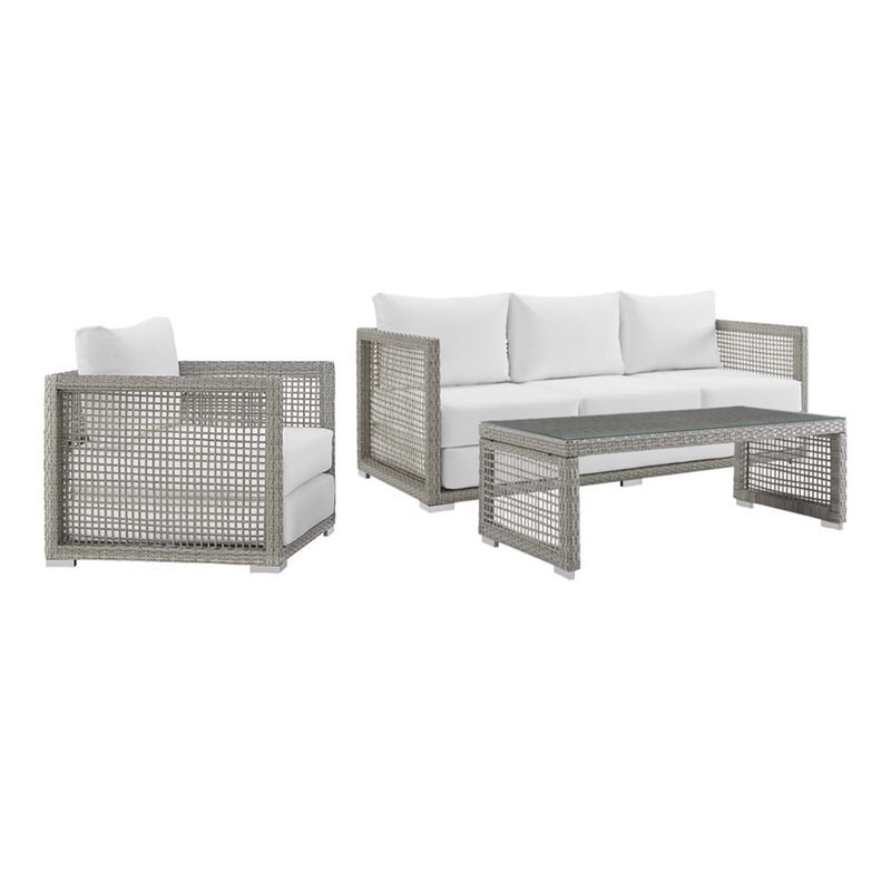 Modway Aura 3-Piece Outdoor Patio Wicker Rattan Set in Gray/White