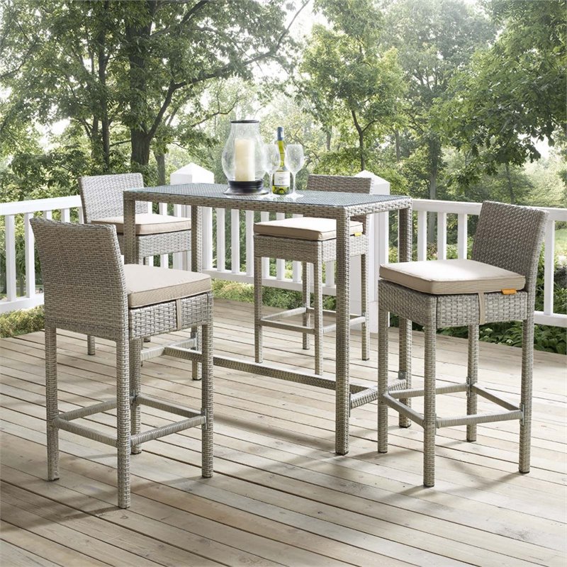 modway conduit outdoor wicker rattan bar stool in light gray/beige (set of 4)