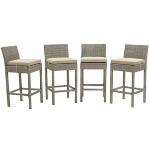 modway conduit outdoor wicker rattan bar stool in light gray/beige (set of 4)
