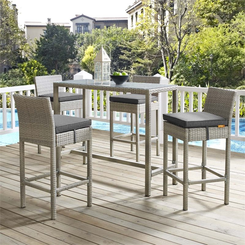 Modway Conduit Patio Wicker Rattan Bar Stool Set of 4 in Light Gray Charcoal