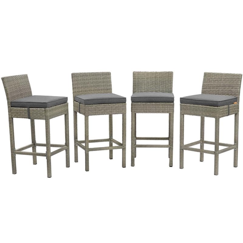 Modway Conduit Patio Wicker Rattan Bar Stool Set of 4 in Light Gray Charcoal