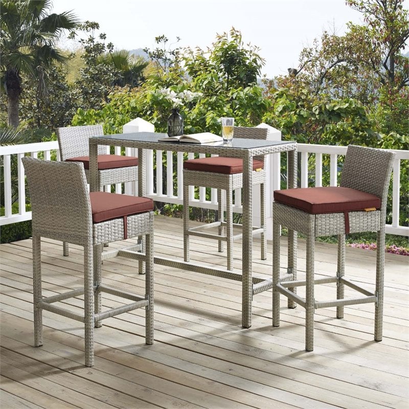 Modway Conduit Patio Wicker Rattan Bar Stool Set of 4 in Light Gray Currant