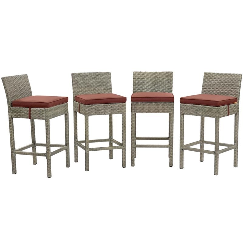Modway Conduit Patio Wicker Rattan Bar Stool Set of 4 in Light Gray Currant