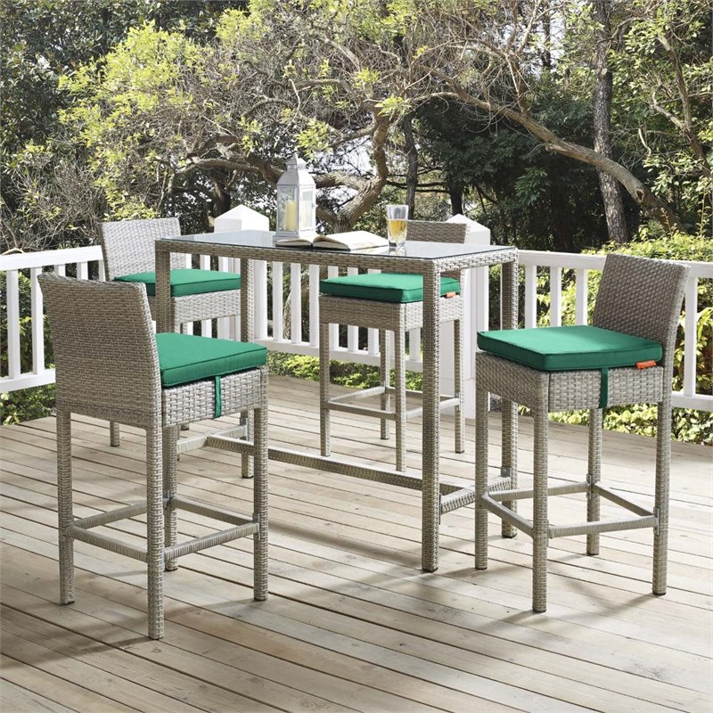 Modway Conduit Rattan Outdoor Bar Stool in Light Gray and Green (Set of 4)