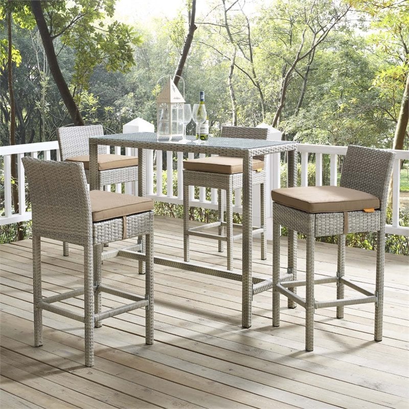 Modway Conduit Outdoor Wicker Rattan Bar Stool in Light Gray/Mocha (Set of 4)