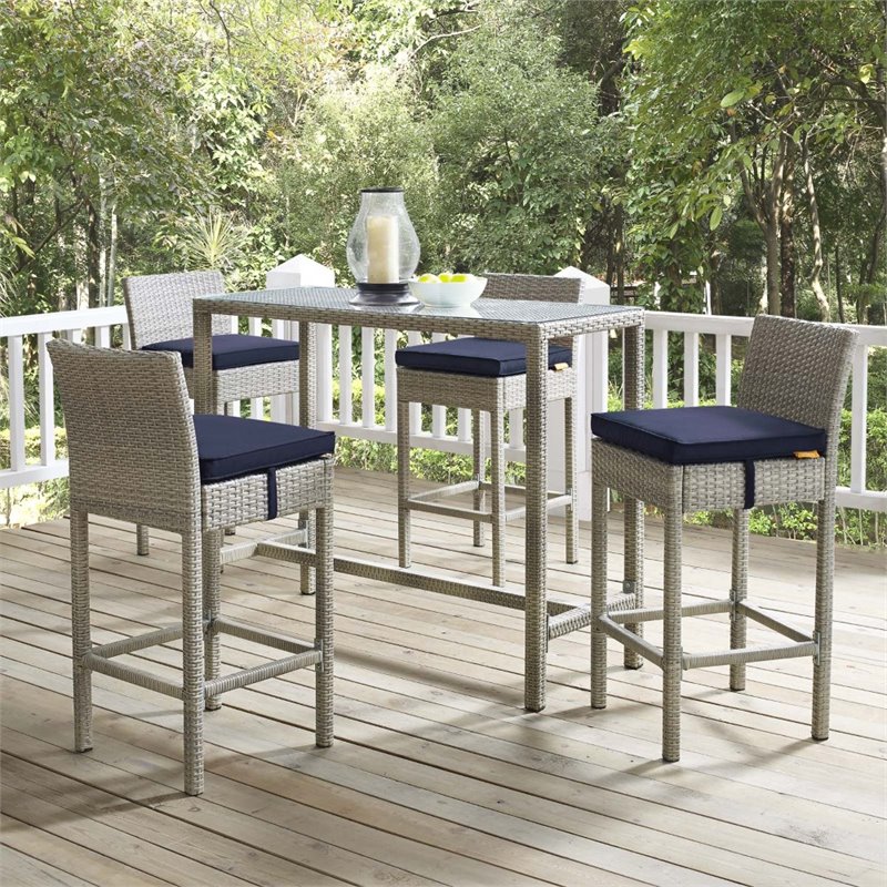 Modway Conduit Rattan Outdoor Bar Stool in Light Gray and Navy (Set of 4)