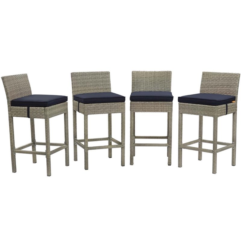 Modway Conduit Rattan Outdoor Bar Stool in Light Gray and Navy (Set of 4)