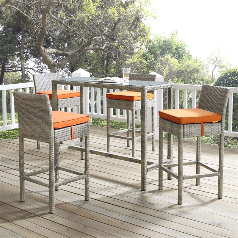 Modway Conduit Outdoor Wicker Rattan Bar Stool in Light Gray/Orange (Set of 4)