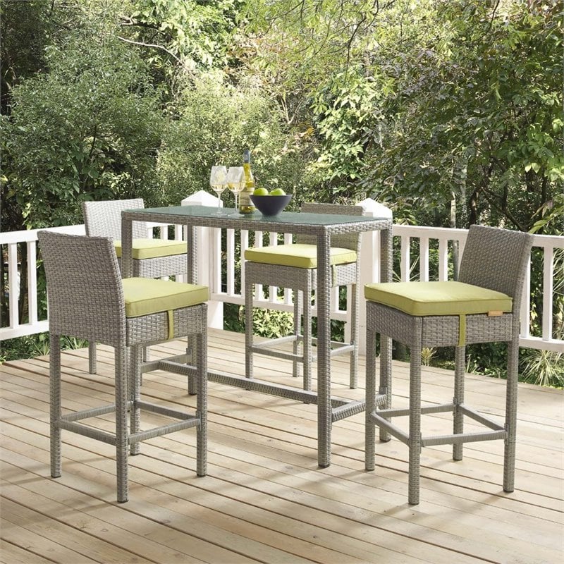 Modway Conduit Rattan Outdoor Bar Stool in Light Gray and Peridot (Set of 4)