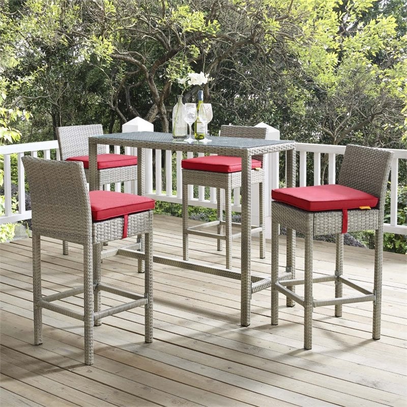 Modway Conduit Outdoor Wicker Rattan Bar Stool in Light Gray/Red (Set of 4)