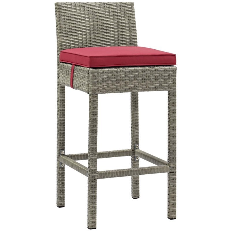 Modway Conduit Outdoor Wicker Rattan Bar Stool in Light Gray/Red (Set of 4)
