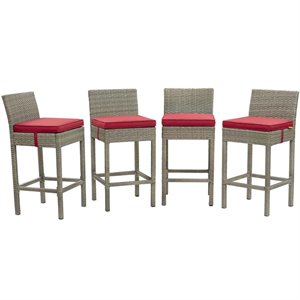 Modway Conduit Outdoor Wicker Rattan Bar Stool in Light Gray/Red (Set of 4)