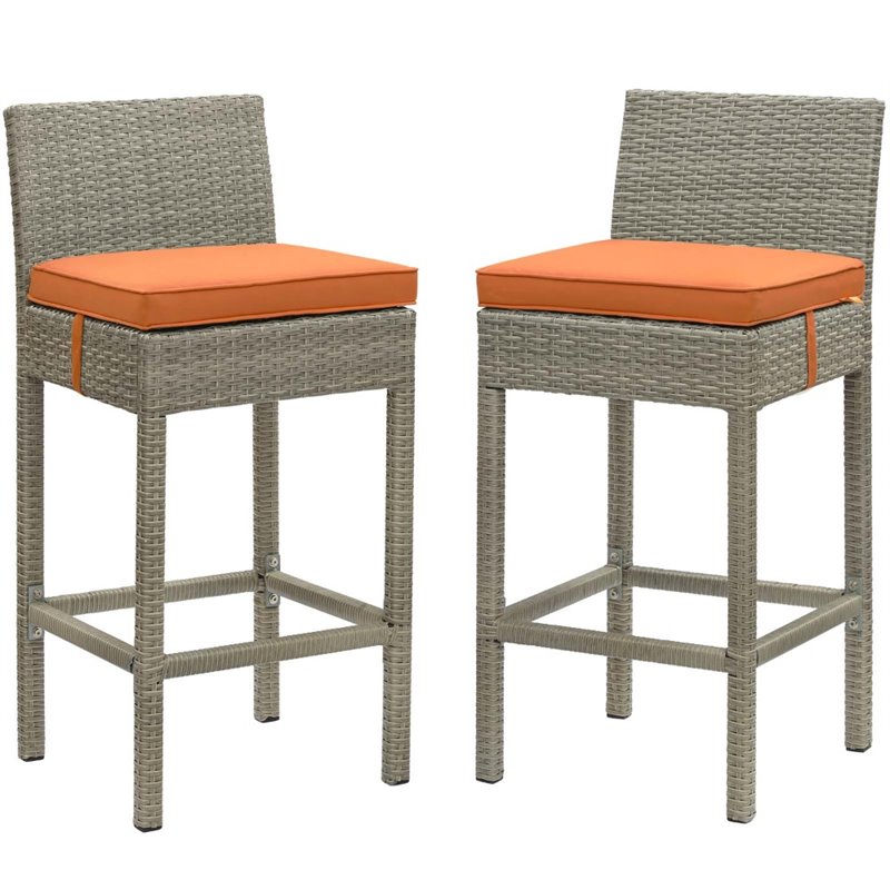 Modway Conduit Outdoor Wicker Rattan Bar Stool in Light Gray/Orange (Set of 2)