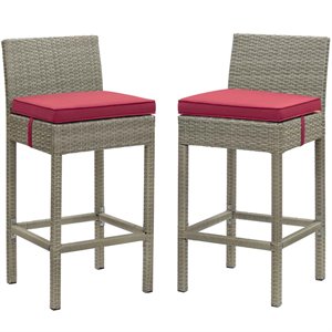 Modway Conduit Outdoor Wicker Rattan Bar Stool in Light Gray/Red (Set of 2)